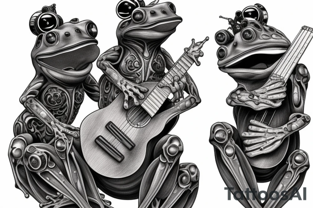 Two cyborg frogs are dancing. One is holding a guitar and the second one is holding a bottle of wine. Detailed, realistic. tattoo idea