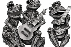 Two cyborg frogs are dancing. One is holding a guitar and the second one is holding a bottle of wine. Detailed, realistic. tattoo idea