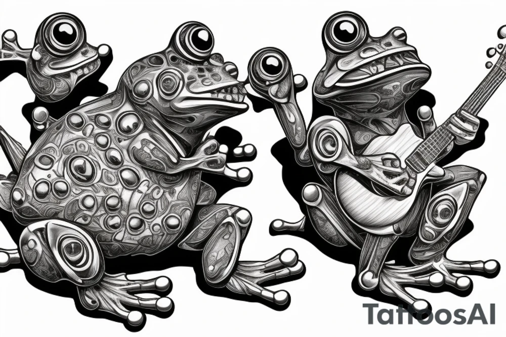 Two cyborg frogs are dancing and smile. One is holding a guitar and the second one is holding a bottle of wine. Detailed, realistic. tattoo idea