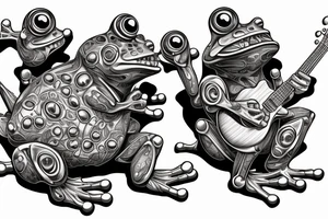Two cyborg frogs are dancing and smile. One is holding a guitar and the second one is holding a bottle of wine. Detailed, realistic. tattoo idea