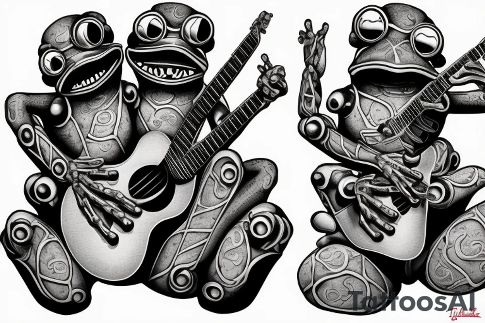 Two cyborg frogs are dancing and smile. One is holding a guitar and the second one is holding a bottle of wine. Detailed, realistic. tattoo idea