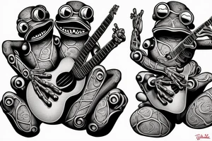 Two cyborg frogs are dancing and smile. One is holding a guitar and the second one is holding a bottle of wine. Detailed, realistic. tattoo idea