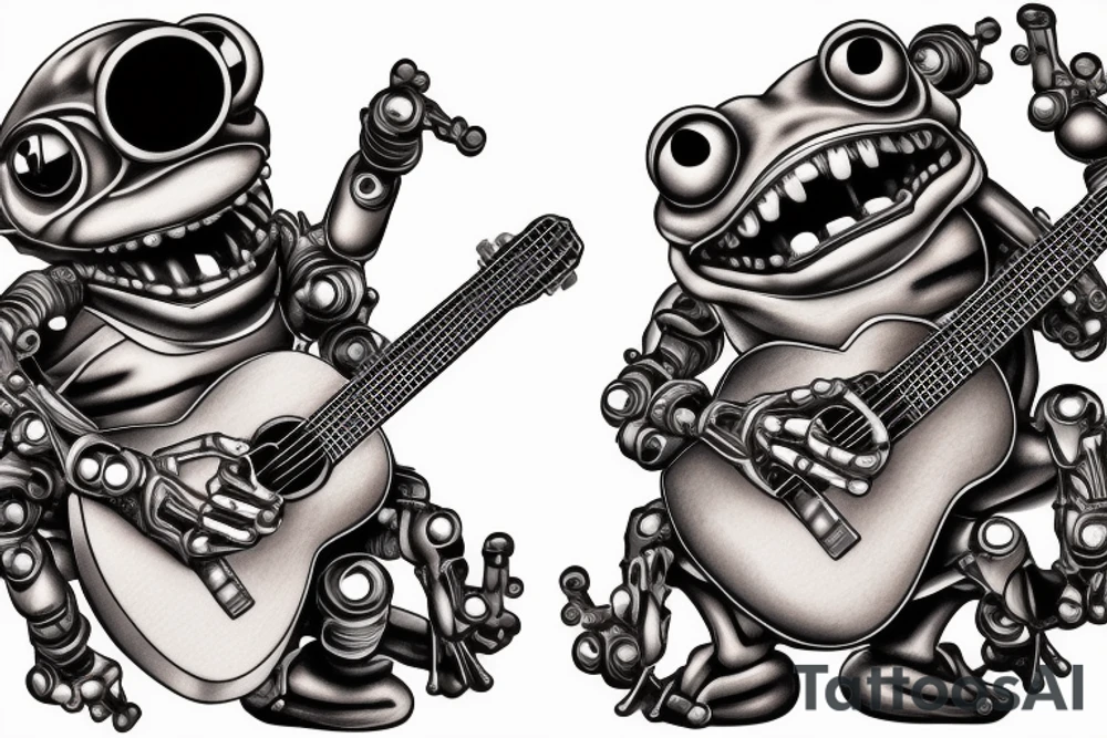 Two cyborg frogs are dancing and smile. One is holding a guitar and the second one is holding a bottle of wine. Detailed, realistic. tattoo idea