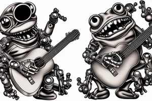 Two cyborg frogs are dancing and smile. One is holding a guitar and the second one is holding a bottle of wine. Detailed, realistic. tattoo idea