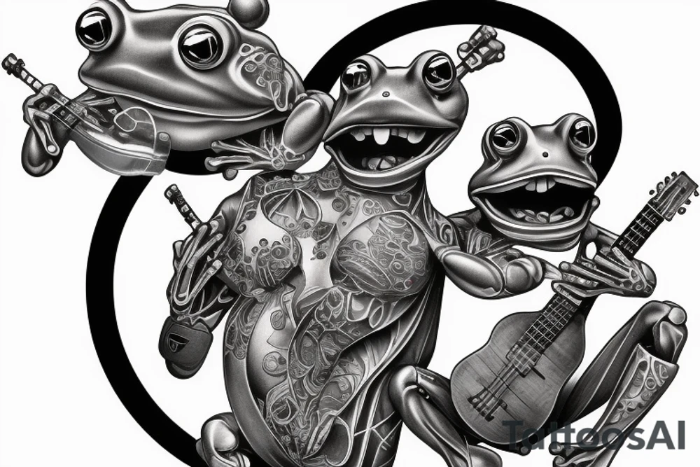 Two cyborg frogs are dancing and smile. One is holding a guitar and the second one is holding a bottle of wine. Detailed, realistic. tattoo idea