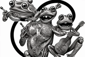 Two cyborg frogs are dancing and smile. One is holding a guitar and the second one is holding a bottle of wine. Detailed, realistic. tattoo idea