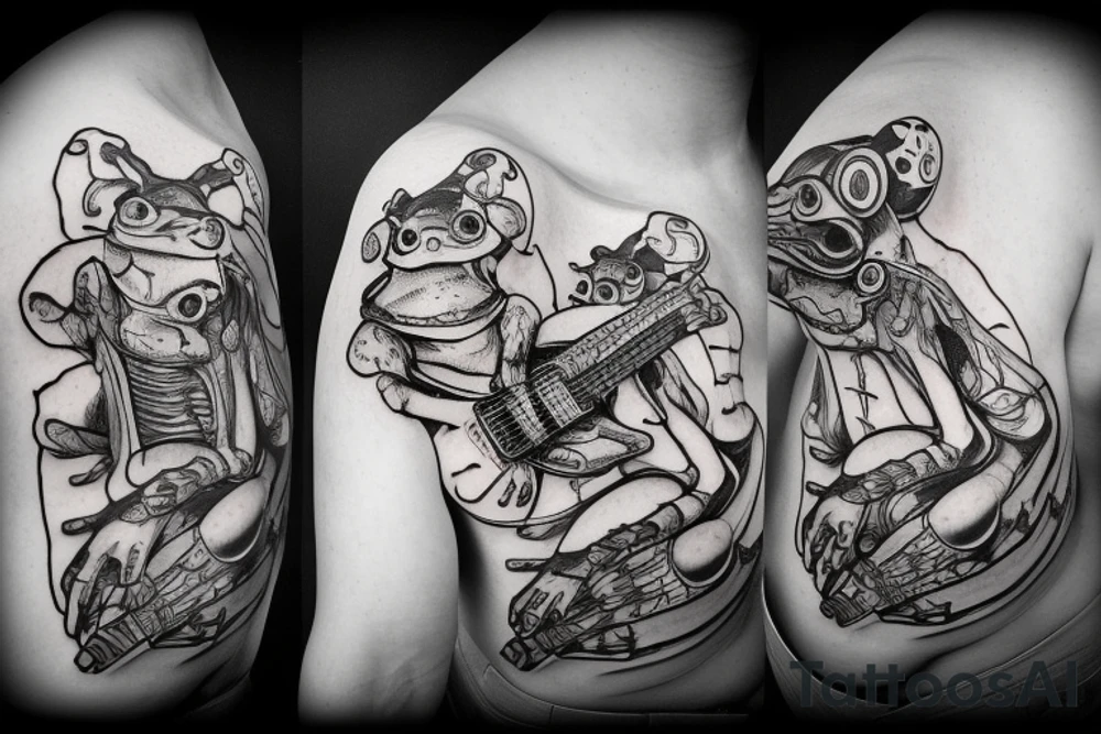 Two cyborg frogs are dancing and smile. One is holding a guitar and the second one is holding a bottle of wine. Detailed, realistic. tattoo idea