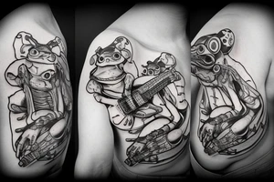Two cyborg frogs are dancing and smile. One is holding a guitar and the second one is holding a bottle of wine. Detailed, realistic. tattoo idea