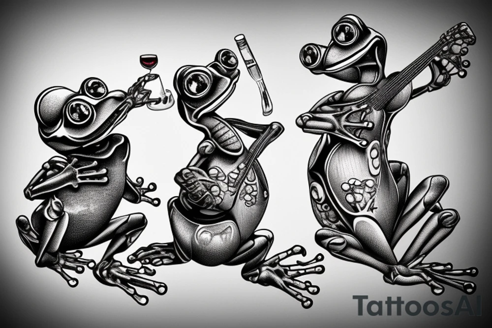 Two cyborg frogs are dancing and smile. One is holding a guitar and the second one is holding a bottle of wine. Detailed, realistic. tattoo idea