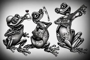 Two cyborg frogs are dancing and smile. One is holding a guitar and the second one is holding a bottle of wine. Detailed, realistic. tattoo idea