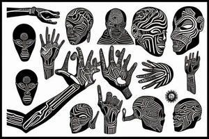 african pattern, cyborg hand holds the world tattoo idea