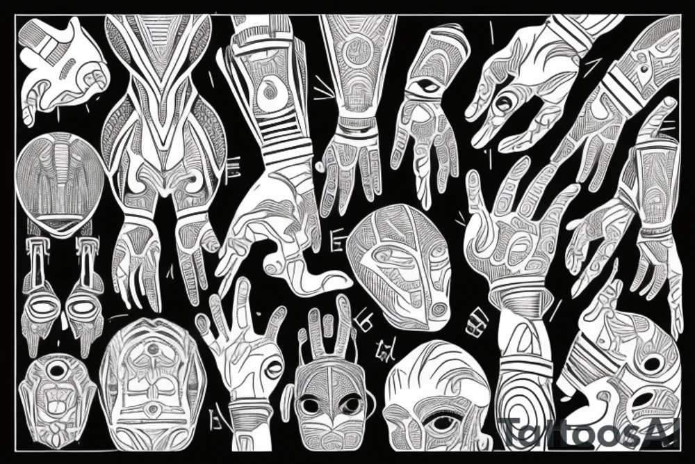 african pattern, cyborg hand holds the world tattoo idea