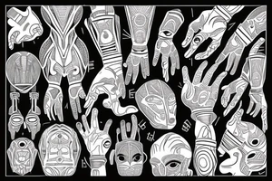 african pattern, cyborg hand holds the world tattoo idea