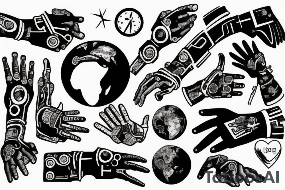 cyborg hand holds the world tattoo idea