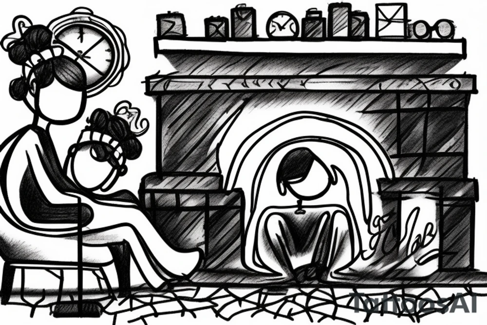 two people sitting of the bench in front of fireplace tattoo idea