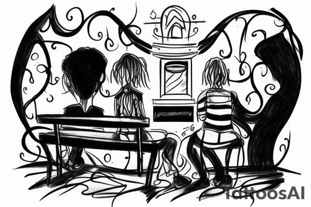 two people sitting of the bench in front of fireplace tattoo idea