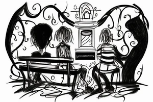 two people sitting of the bench in front of fireplace tattoo idea