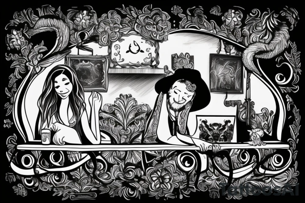 two people sitting of the bench in front of fireplace tattoo idea