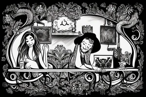 two people sitting of the bench in front of fireplace tattoo idea
