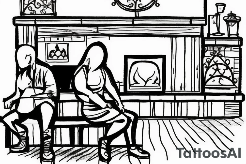two people sitting of the bench in front of fireplace tattoo idea