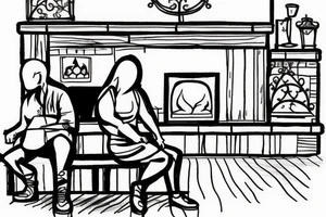 two people sitting of the bench in front of fireplace tattoo idea