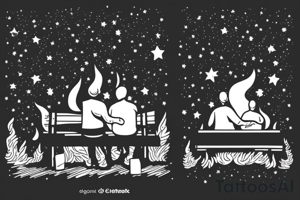 two men sitting on bench in front of fireplace in woods, with fire sparks mixing into the night sky filled with stars tattoo idea