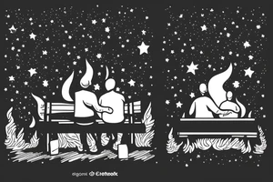 two men sitting on bench in front of fireplace in woods, with fire sparks mixing into the night sky filled with stars tattoo idea