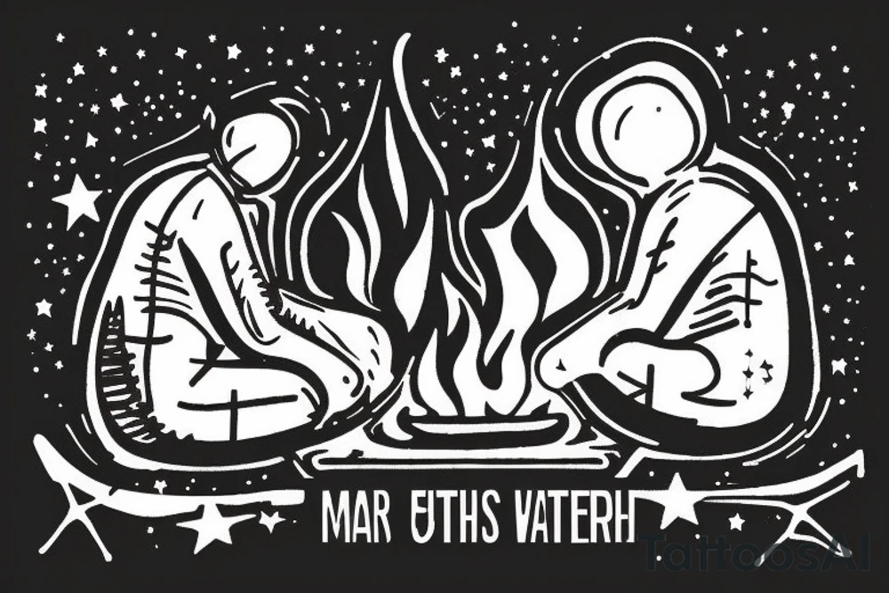 two men sitting on bench in front of fireplace in woods, with fire sparks mixing into the night sky filled with stars tattoo idea