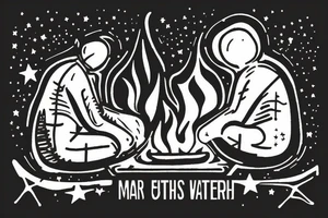 two men sitting on bench in front of fireplace in woods, with fire sparks mixing into the night sky filled with stars tattoo idea
