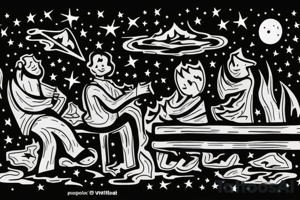 two men sitting on bench in front of fireplace in woods, with fire sparks mixing into the night sky filled with stars tattoo idea