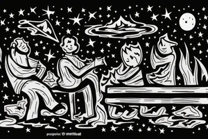 two men sitting on bench in front of fireplace in woods, with fire sparks mixing into the night sky filled with stars tattoo idea