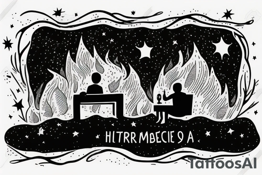 two men sitting on bench in front of fireplace in woods, with fire sparks mixing into the night sky filled with stars tattoo idea