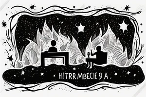 two men sitting on bench in front of fireplace in woods, with fire sparks mixing into the night sky filled with stars tattoo idea