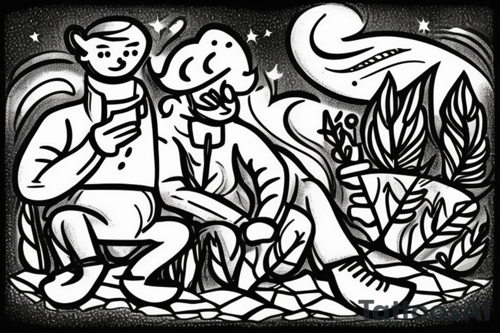 two men sitting on bench in front of fireplace in woods, with fire sparks mixing into the night sky filled with stars tattoo idea
