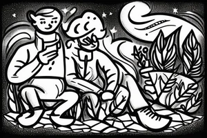 two men sitting on bench in front of fireplace in woods, with fire sparks mixing into the night sky filled with stars tattoo idea
