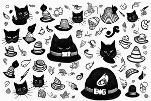 black cat with a funny hat and sweater tattoo idea