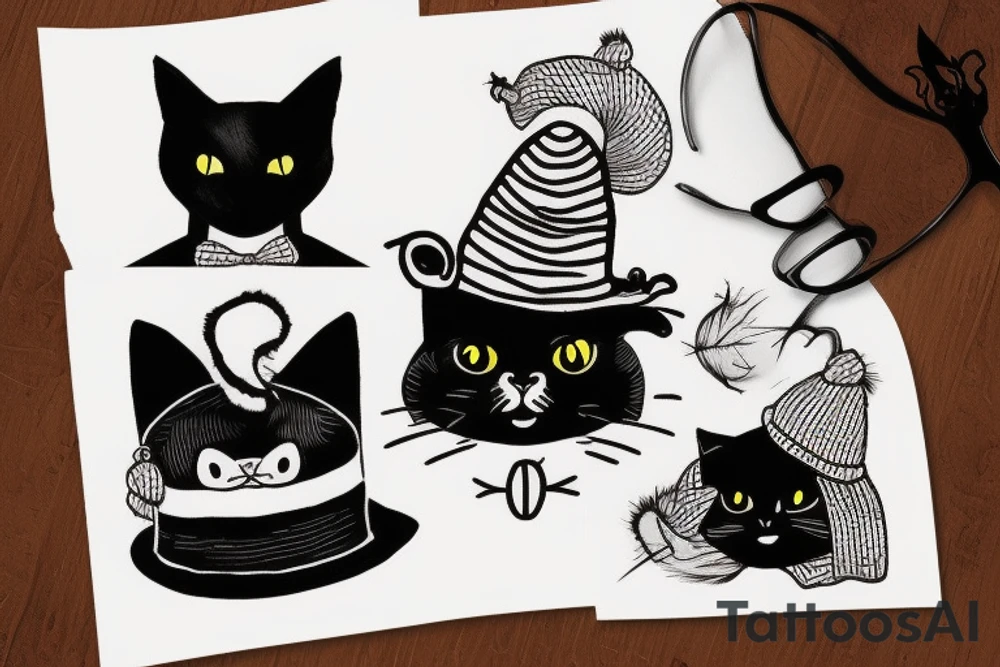 black cat with a funny hat and sweater tattoo idea