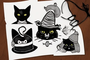 black cat with a funny hat and sweater tattoo idea
