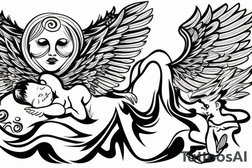 Female angel with wings descending from sky with a new born baby boy angel in her left arm tattoo idea