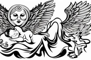 Female angel with wings descending from sky with a new born baby boy angel in her left arm tattoo idea