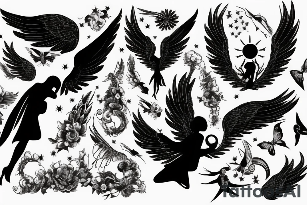 Female angel with wings descending from sky with a new born baby boy angel in her left arm tattoo idea