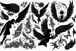Female angel with wings descending from sky with a new born baby boy angel in her left arm tattoo idea