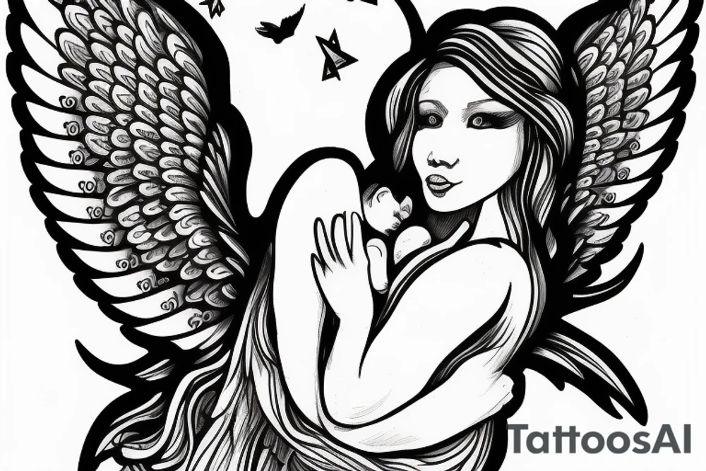 Female angel with wings descending from sky with a new born baby boy angel in her left arm tattoo idea
