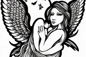 Female angel with wings descending from sky with a new born baby boy angel in her left arm tattoo idea