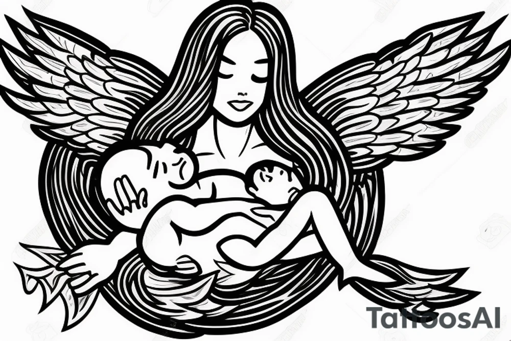 Female angel with wings descending from sky with a new born baby boy angel in her left arm tattoo idea