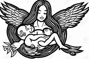 Female angel with wings descending from sky with a new born baby boy angel in her left arm tattoo idea