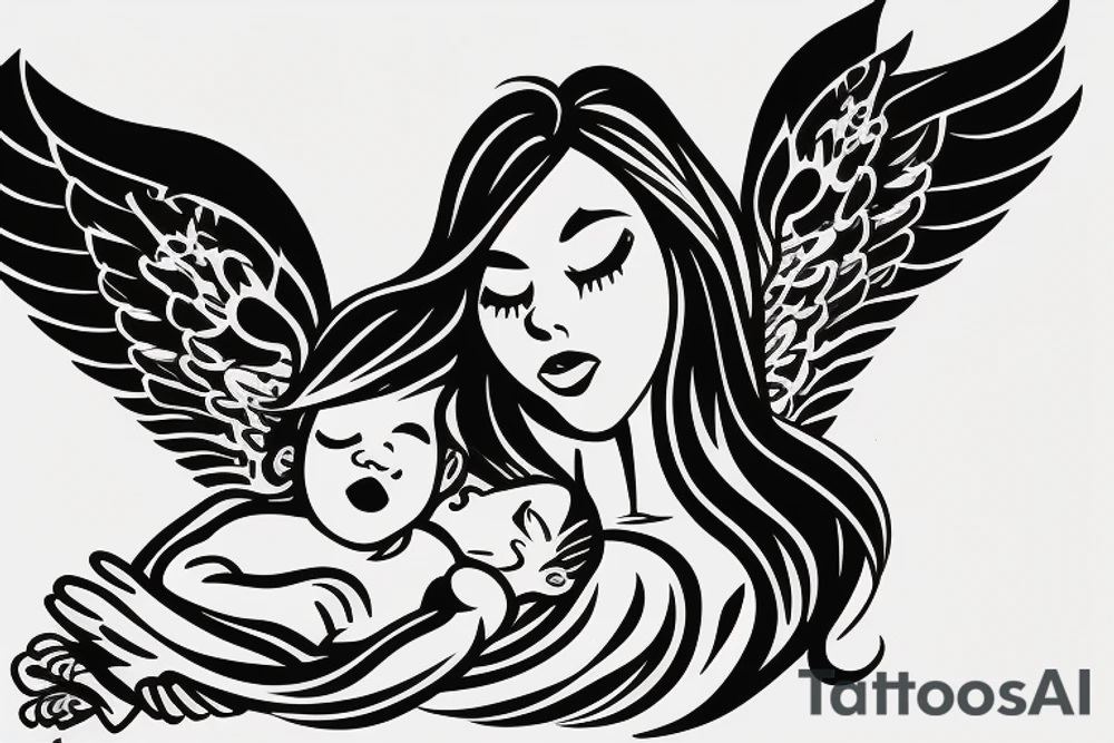 Female angel with wings descending from sky with a new born baby boy angel in her left arm tattoo idea