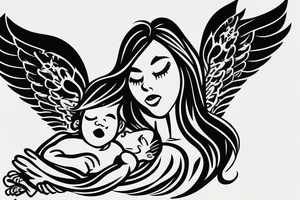 Female angel with wings descending from sky with a new born baby boy angel in her left arm tattoo idea