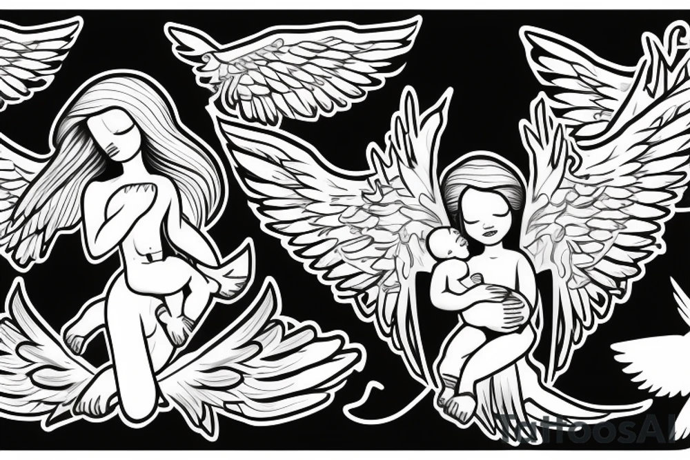 Female angel with wings descending from sky with a new born baby boy angel in her left arm tattoo idea