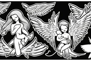 Female angel with wings descending from sky with a new born baby boy angel in her left arm tattoo idea